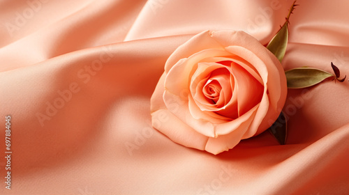 A single rose sitting on top of a pink cloth. Monochrome peach fuzz background.