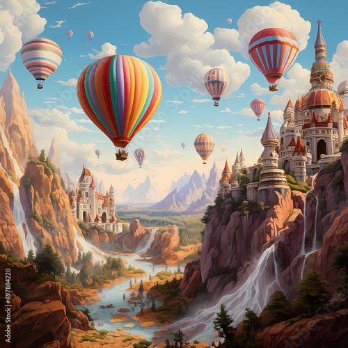 Cluster of hot air balloons drifting through a canyon of floating islands.