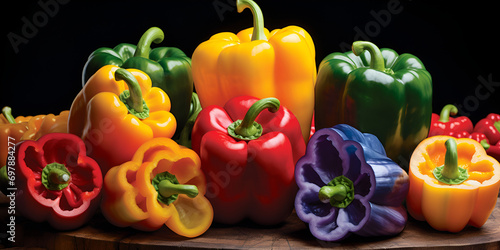 Aerial view of various bell peppers on wooden background Colorful green , red and yellow peppers, on black background generative AI photo