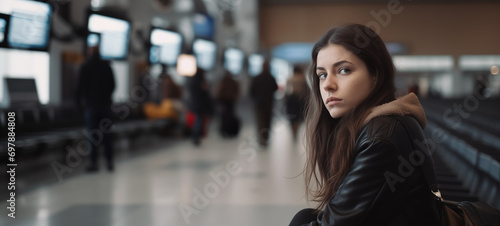 Young woman at the airport waiting for the delaying plane  photo