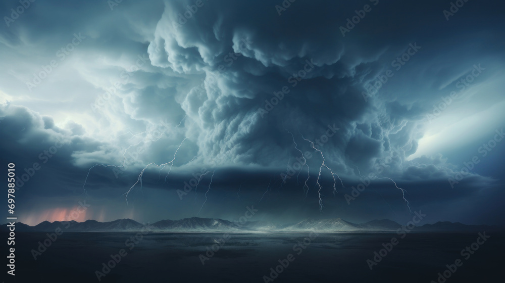 Dramatic supercell storm with lightning strikes over a mountain range at twilight. Dramatic supercell storm with lightning strikes over a mountain range at twilight.