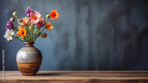 Assorted colorful wildflowers in a brown ceramic vase on a wooden table with a grey background.