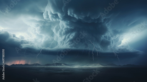 Dramatic supercell storm with lightning strikes over a mountain range at twilight.