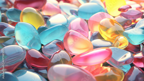 Macro shot of a pile of multicolored gemstones showcasing a spectrum of colors and translucency. © tashechka