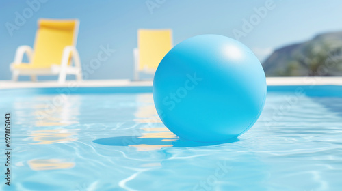 A single blue beach ball floats on the water of a sun-drenched pool with loungers in the background.