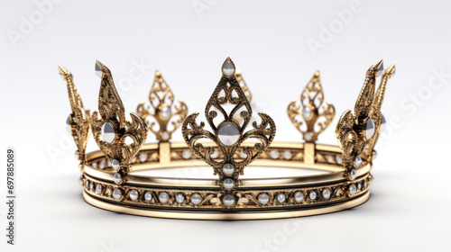A highly detailed ornate golden crown with intricate designs and embedded jewels on a white background.