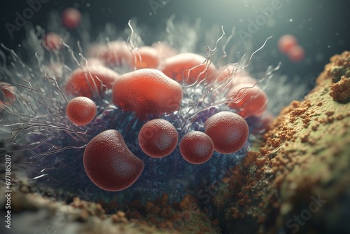 3D rendering of staphylococcus, a gram-positive bacteria causing skin infections, pneumonia, endocarditis, osteomyelitis, and abscesses. Generative AI photo