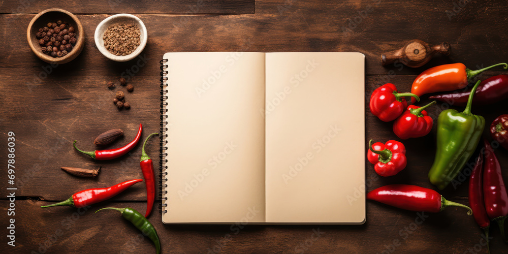 An open notepad ready for recipes next to a wooden spoon and vibrant red chili peppers on an aged kitchen table - obrazy, fototapety, plakaty 