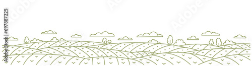 Spring field green landscape. Young shoot. Agriculture arable land. Vector line. Editable outline stroke.