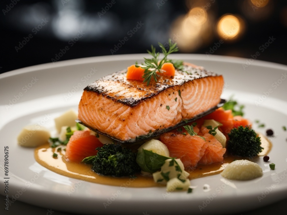 Delicious Michelin starred salmon dinner meal at fine dining restaurant, masterpiece of culinary, food photography 