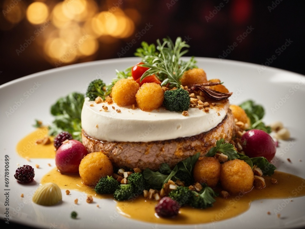 Delicious Michelin starred dinner meal at fine dining restaurant, masterpiece of culinary, food photography Delicious Michelin starred dinner meal at fine dining restaurant, masterpiece of culinary, food photography
