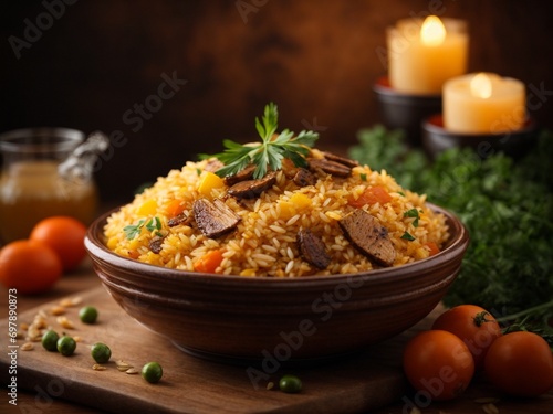 Delicious Portuguese Arroz de pato, hearty stew made with duck, rice, chourico, food ads photography