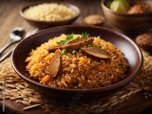 Delicious Portuguese Arroz de pato, hearty stew made with duck, rice, chourico, food ads photography