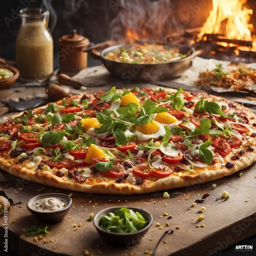 Delicious Flammkuchen, thin crispy Italian pizza, food photography, for ads