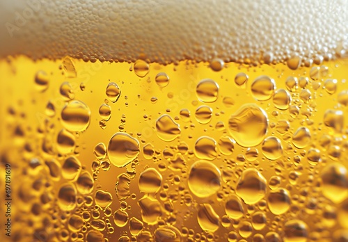 Extreme close-up view of refreshing beer with bubbles and foam, ideal for pub and bar settingsthe craft of brewery in a glass. with copy space photo