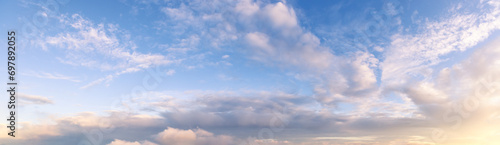 Panoramic View of Cloudscape during a colorful sunset or sunrise.