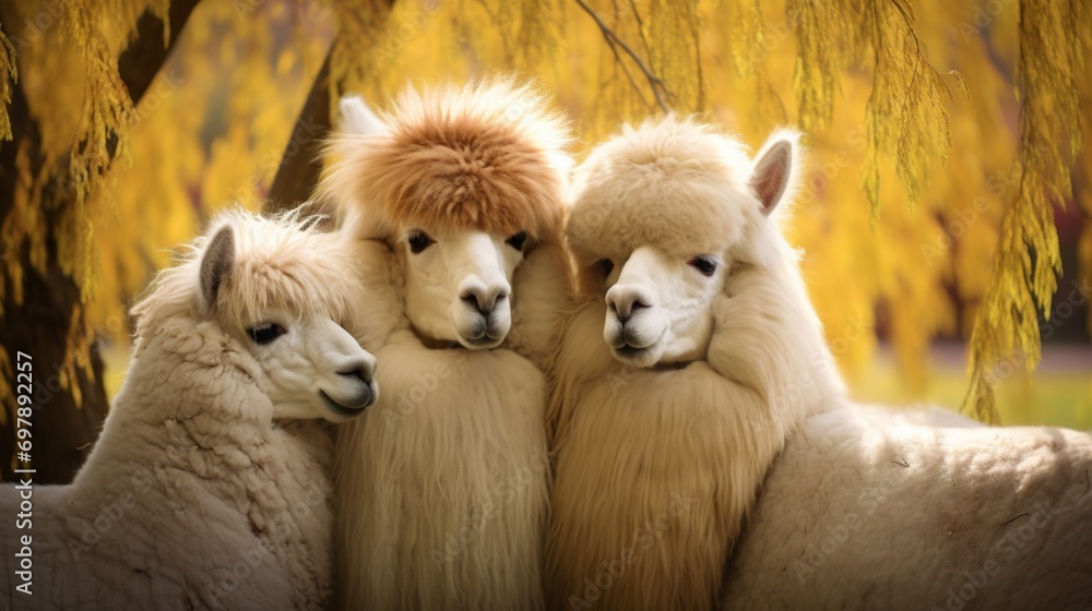 A family of alpacas nuzzling affectionately under a weeping willow.