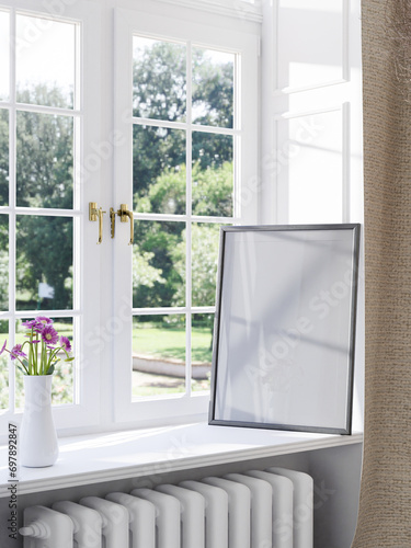 Model picture frame mockup poster wood black on the window in house. interior background illustration 3d rendering.