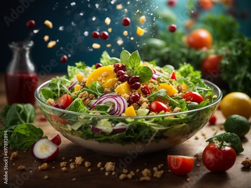 Delicious healthy salad  floating  made with nutritious ingredients  leafy greens  vegetables  fruit