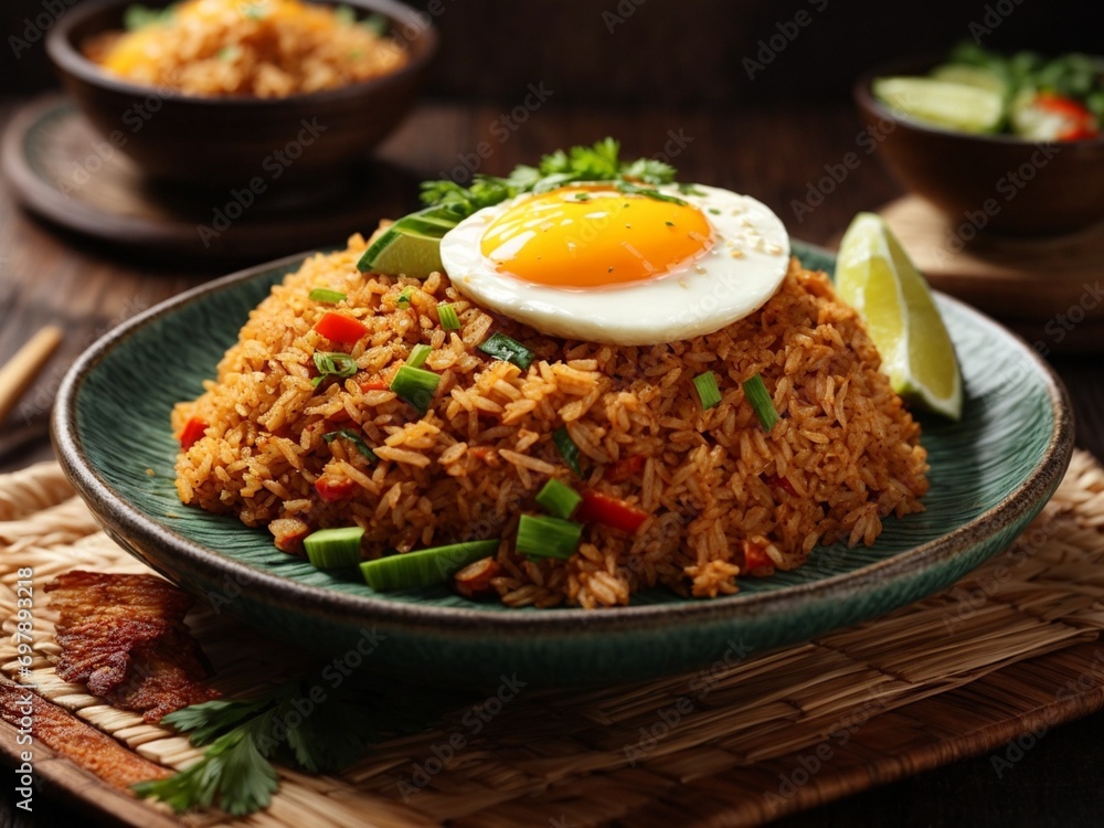 Delicious Indonesian Nasi Goreng fried rice with Golden-hued rice, Aromatic wisps of garlic, shallots, chilies, food photography Delicious Indonesian Nasi Goreng fried rice with Golden-hued rice, Aromatic wisps of garlic, shallots, chilies, food photography