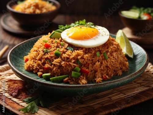 Delicious Indonesian Nasi Goreng fried rice with Golden-hued rice, Aromatic wisps of garlic, shallots, chilies, food photography