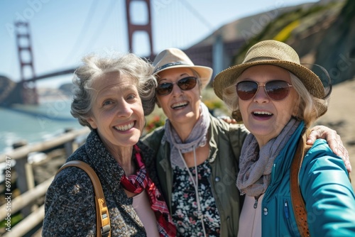 Three smiling female senior tourists visiting San Francisco posing looking at the camera photo