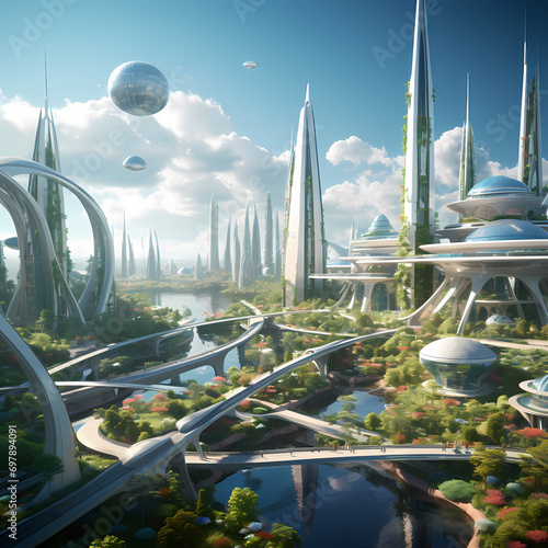 Futuristic city skyline with floating gardens and transparent walkways.