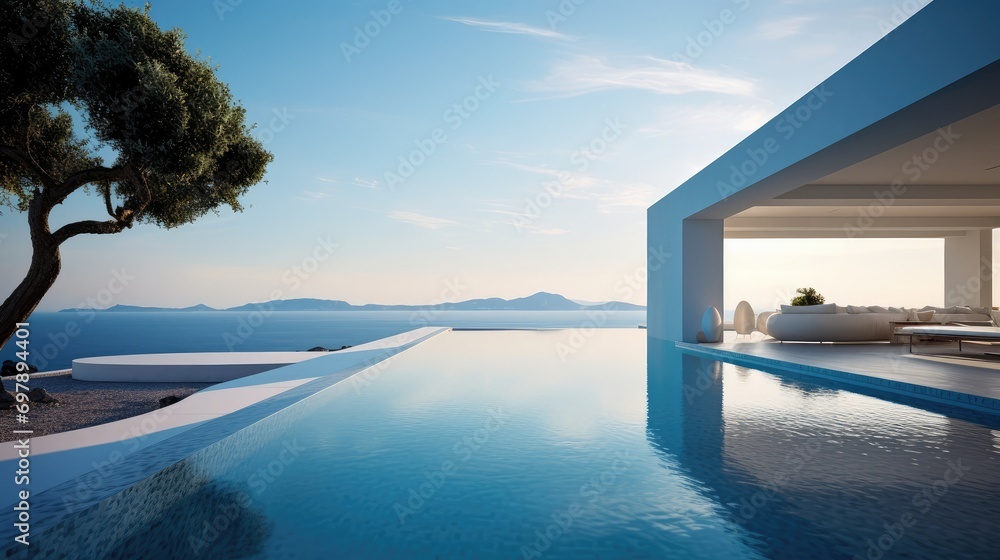 Fototapeta premium view of the Sea through the infinity pool , villa luxury Generative Ai