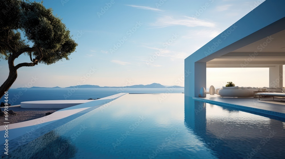 view of the Sea through the infinity pool , villa luxury Generative Ai