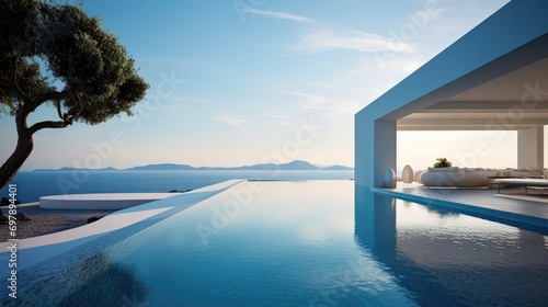 view of the Sea through the infinity pool   villa luxury Generative Ai