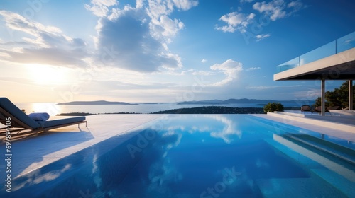 view of the Sea through the infinity pool , villa luxury Generative Ai © Nisa