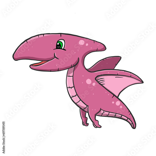 Draw a picture of a dinosaur  a cute pink pterosaur  a winged predator that can fly. Hand drawn on transparent background