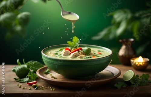 Delicious Thai green curry soup, vibrant blend of fresh green chilies, garlic, shallots, galangal