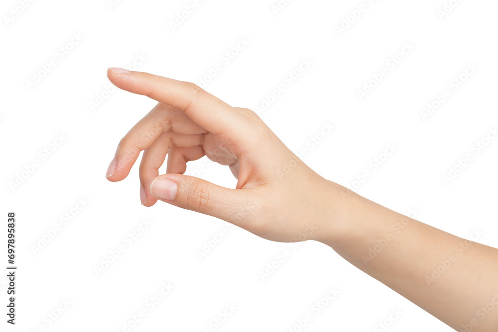 woman hand touching or pointing on isolated white background.