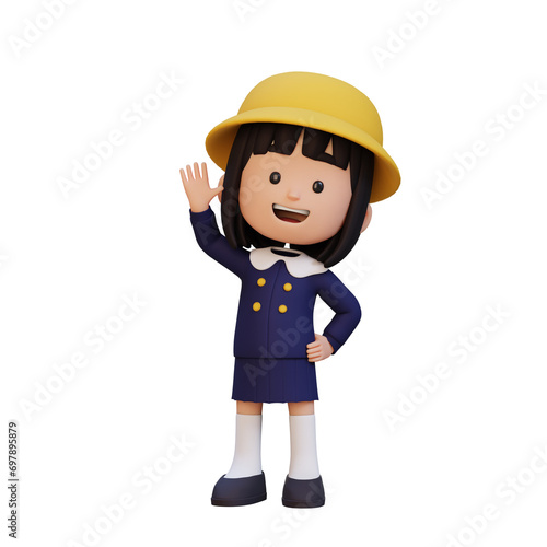 3D girl character waving hand with cute happy face