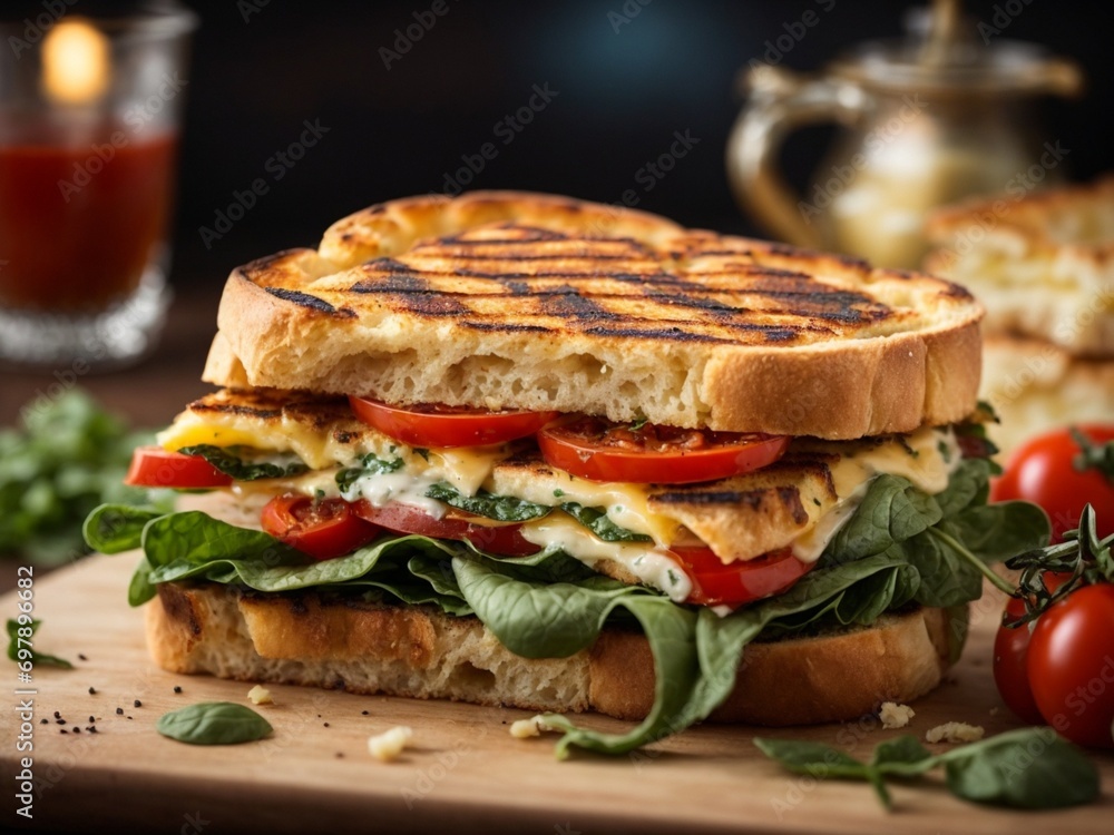 Delicious Grilled Foccacia Sandwich, crispy crust savory aroma of grilled bread mingles with cheese