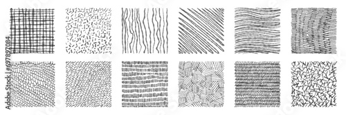 Set of hand drawn pencil crosshatch shapes. Doodle and sketch style. Black squiggle texture of rain, wood, grunge lines.	