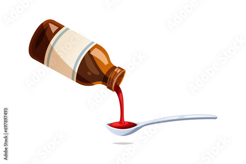 Bottle pouring medicine syrup in spoon vector isolated on white background.