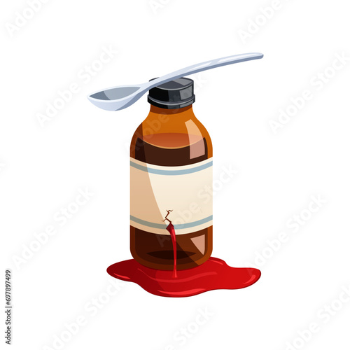 Medicine syrup bottle broken spilling medicine liquid vector isolated.