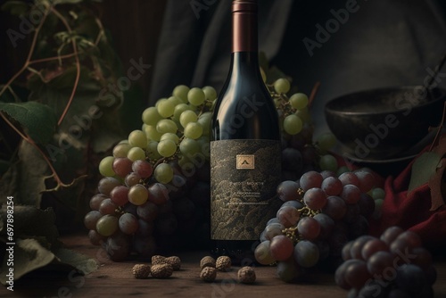 fresh succulent grapes alongside a bottle of vibrant wine. Generative AI