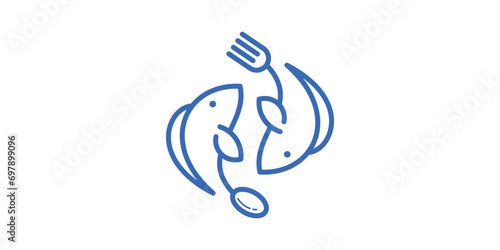 logo design combination of fish shape with spoon and fork, seafood logo, minimalist line.