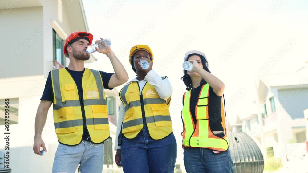 Group of male and female workers of various nationalities on a construction site stood and drank clean distilled water in bottles to quench their thirst with refreshing smiles while taking breaks. Group of male and female workers of various nationalities on a construction site stood and drank clean distilled water in bottles to quench their thirst with refreshing smiles while taking breaks.