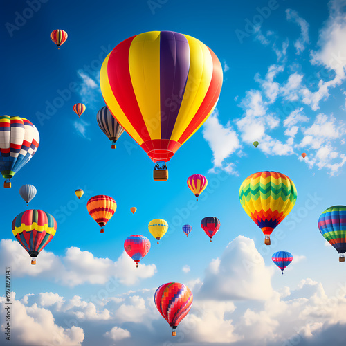 Rainbow-colored hot air balloons ascending against a clear blue sky.