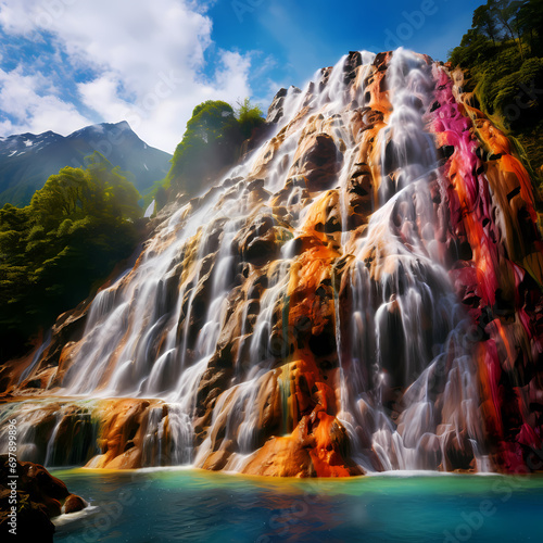 Rainbow-colored waterfall cascading down a technicolor mountain.