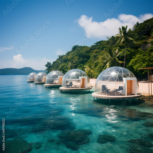 Row of transparent beach domes allowing underwater views of marine life.