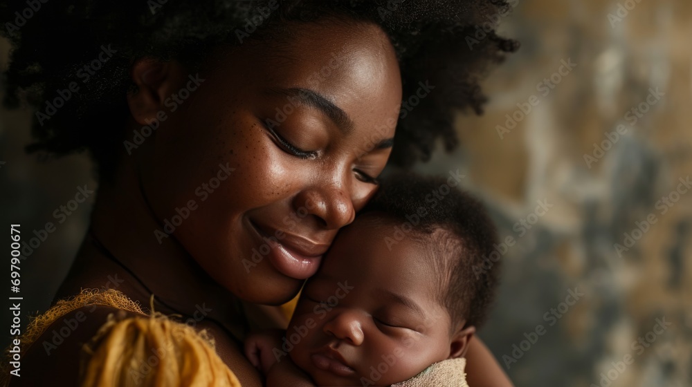 African black Mother smiling, holding newborn baby in her arms - obrazy, fototapety, plakaty 