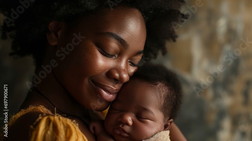 African black Mother smiling, holding newborn baby in her arms photo