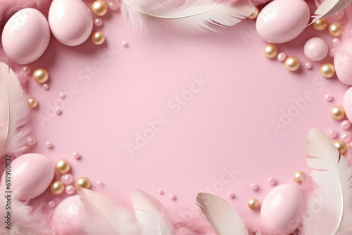 light pink Easter banner, along the perimeter are dyed eggs glossy pink color. Additional decorative elements delicate feathers, pearl beads of pink gold color. Conceptual poster, advertising banner