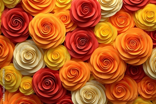 Flower pattern with vibrant roses in yellow, orange, and red hues. 3D depicted. Generative AI