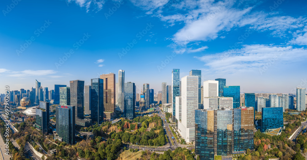 Aerial panoramic view of Qiantang River bank in Hangzhou.. Aerial panoramic view of Qiantang River bank in Hangzhou..